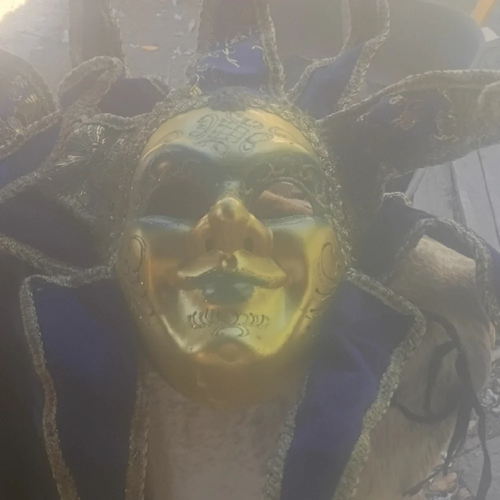 Gold Venetian Jester Mask with Navy Velvet Accents
